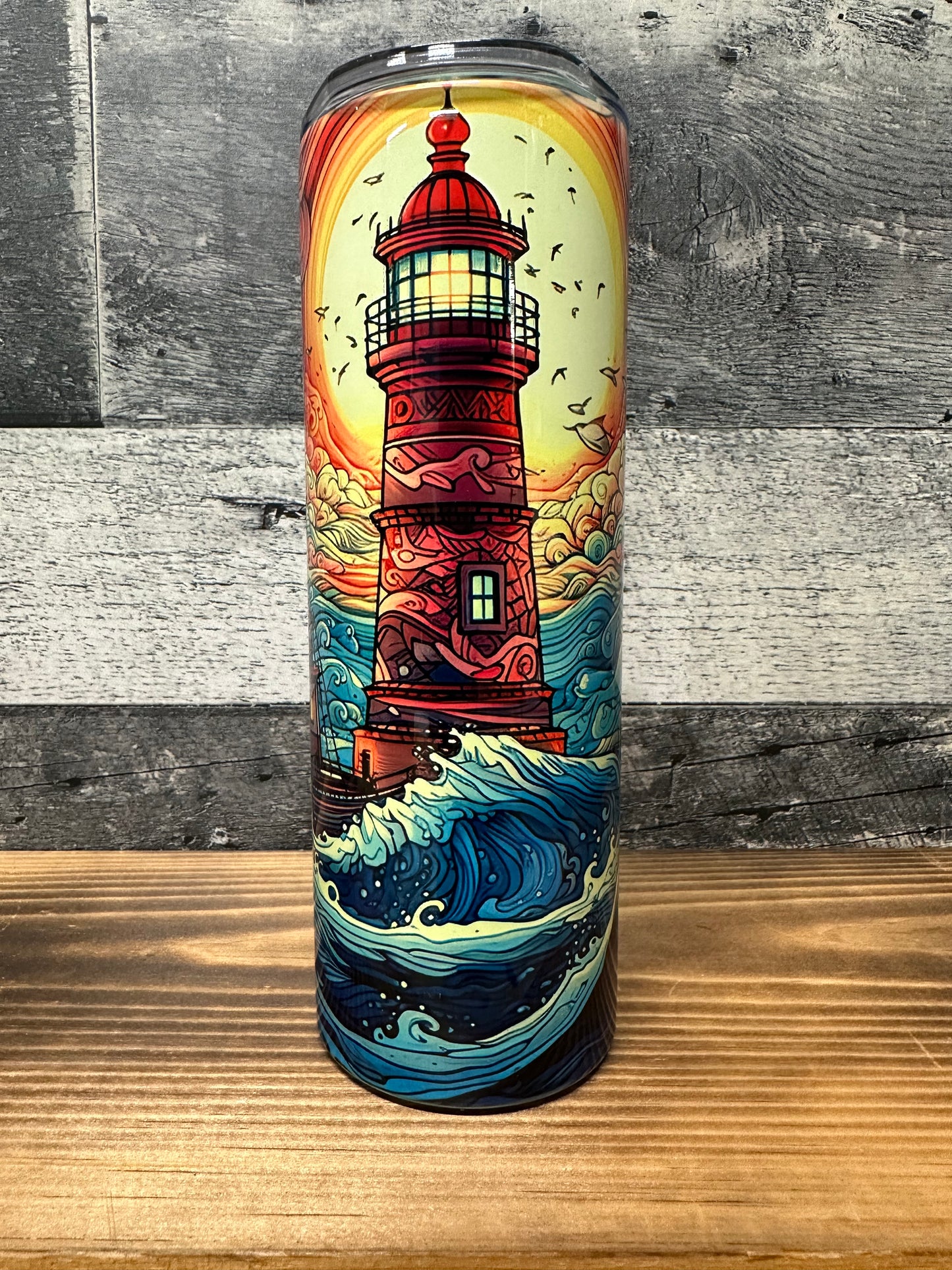 Lighthouse stain glass tumbler cup