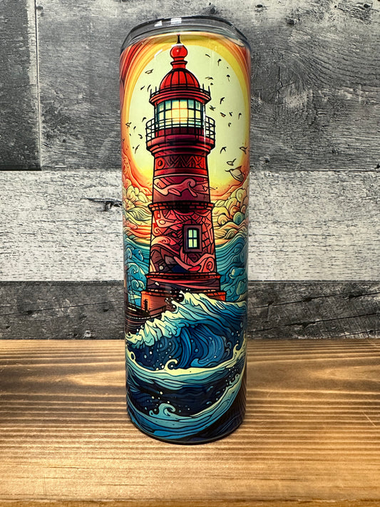 Lighthouse stain glass tumbler cup